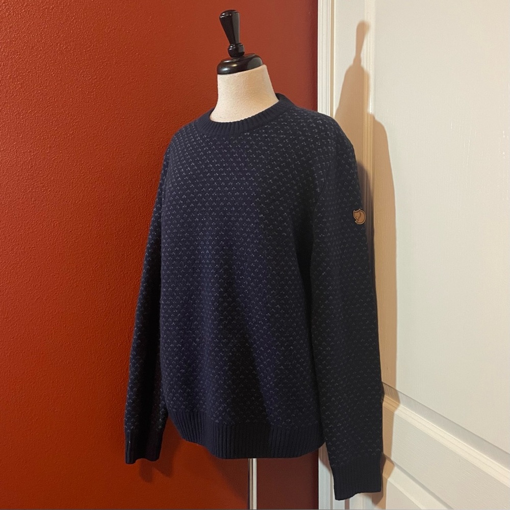 Fjallraven Men’s Ovik Nordic Wool Knit Navy Slouchy Elbow Patch Crewneck Sweater
